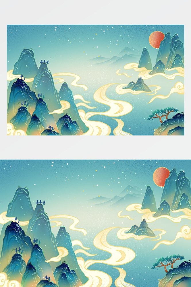 中国风国潮唯美山水风景祥云海报背景PS高清分层插画素材模板