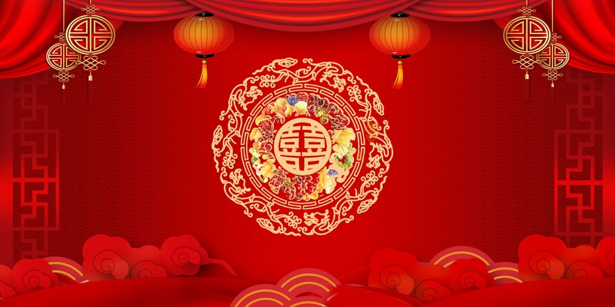 中式红色喜庆婚礼婚庆海报背景百年好合喜字结婚背景 (35)