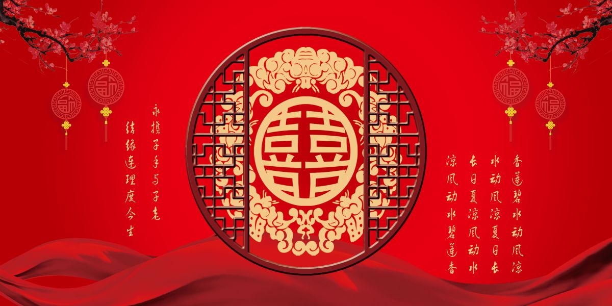 中式红色喜庆婚礼婚庆海报背景百年好合喜字结婚背景 (34)