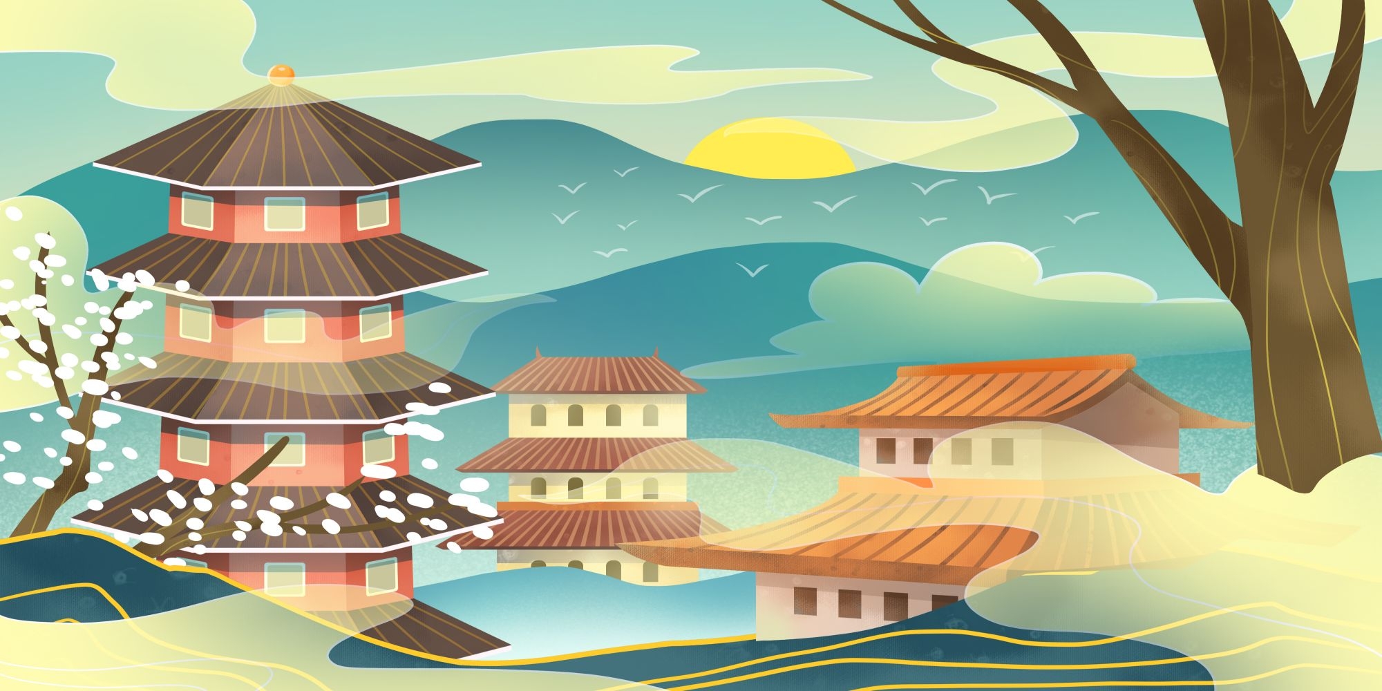 国潮山水中国风背景图展板插画素材15