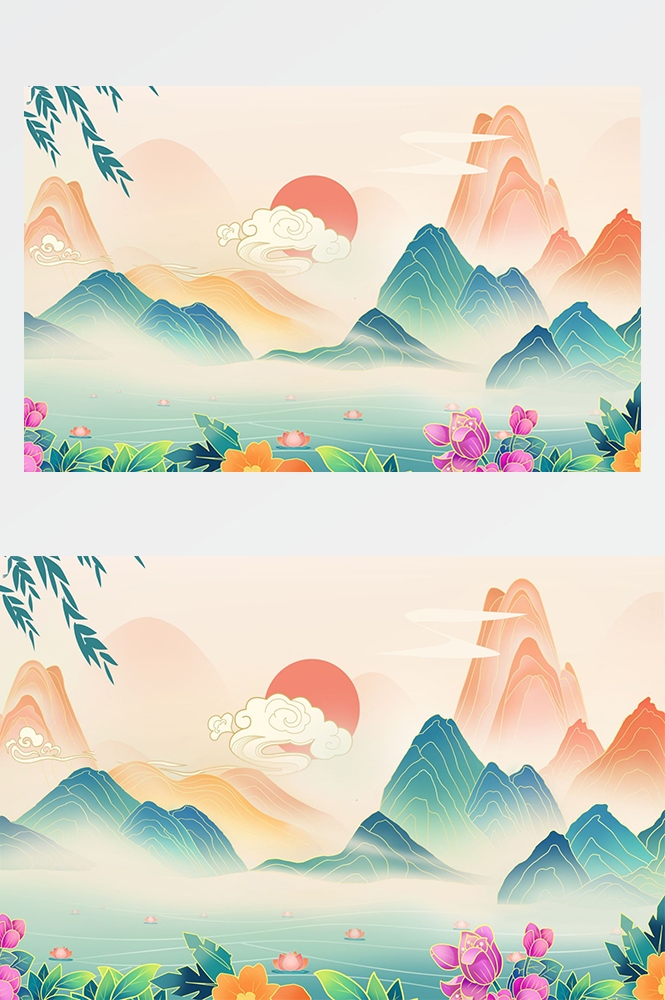 中国风国潮唯美传统山水风景插画海报祥云元素背景PS高清素材