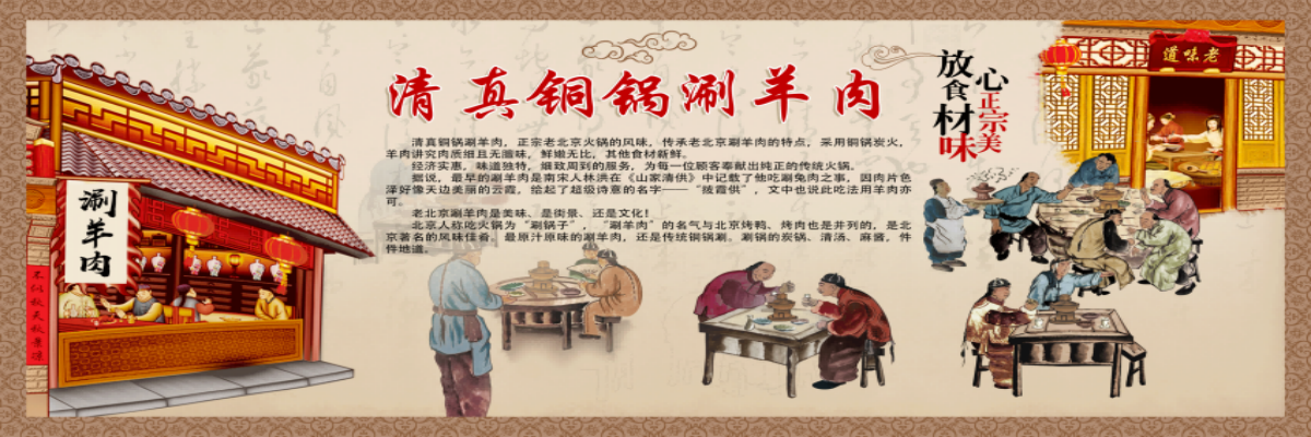 饭店老北京铜火锅复古壁画背景文化墙绘素材2