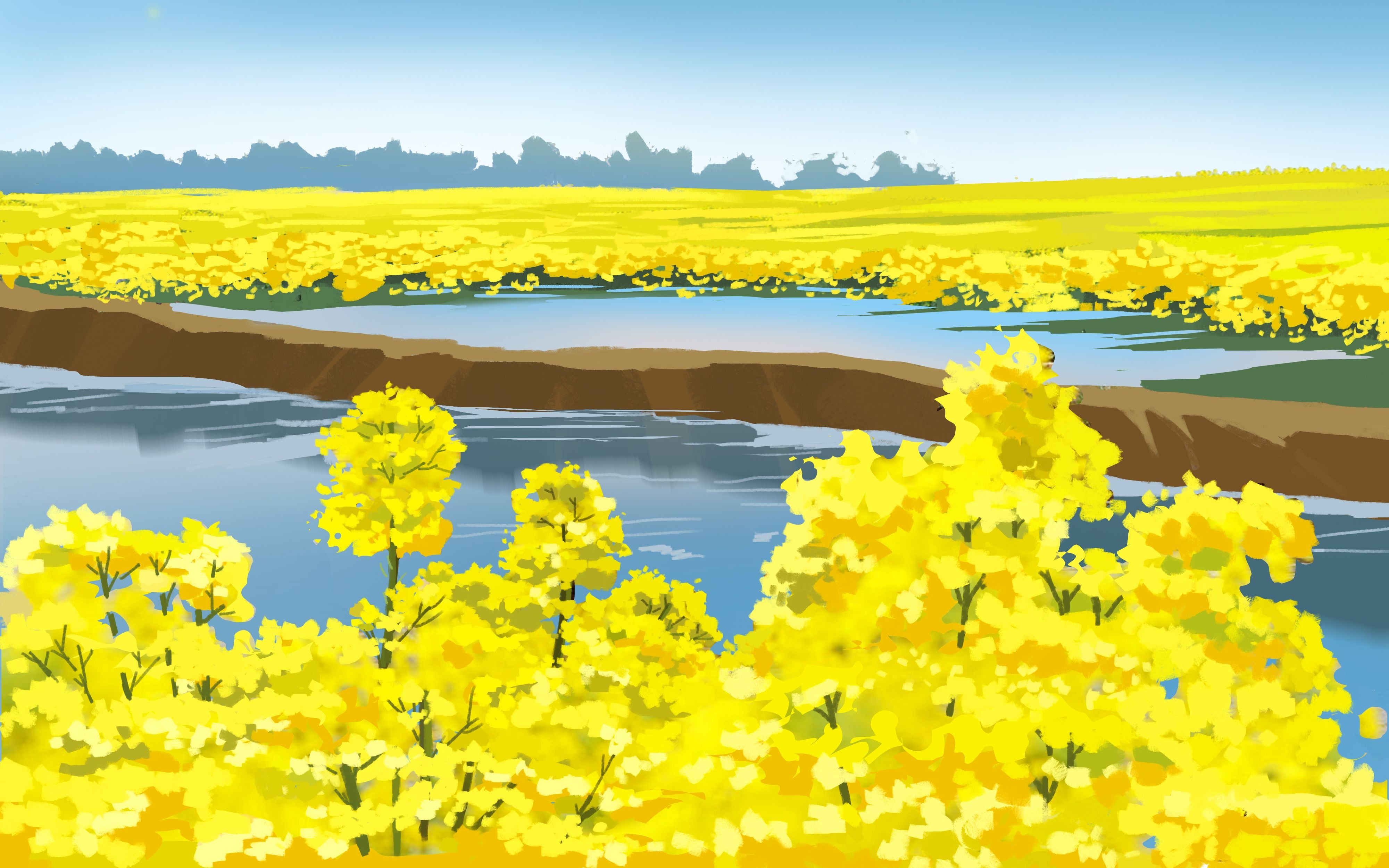 油菜花开田野风景背景插画图片banner海报36