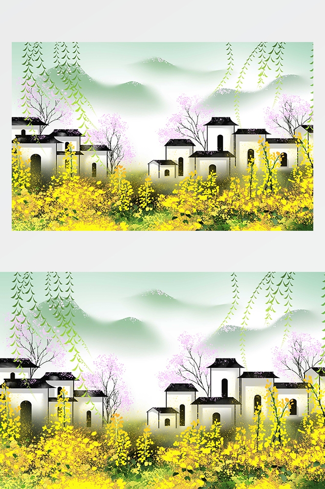 油菜花开田野风景背景插画图片banner海报35