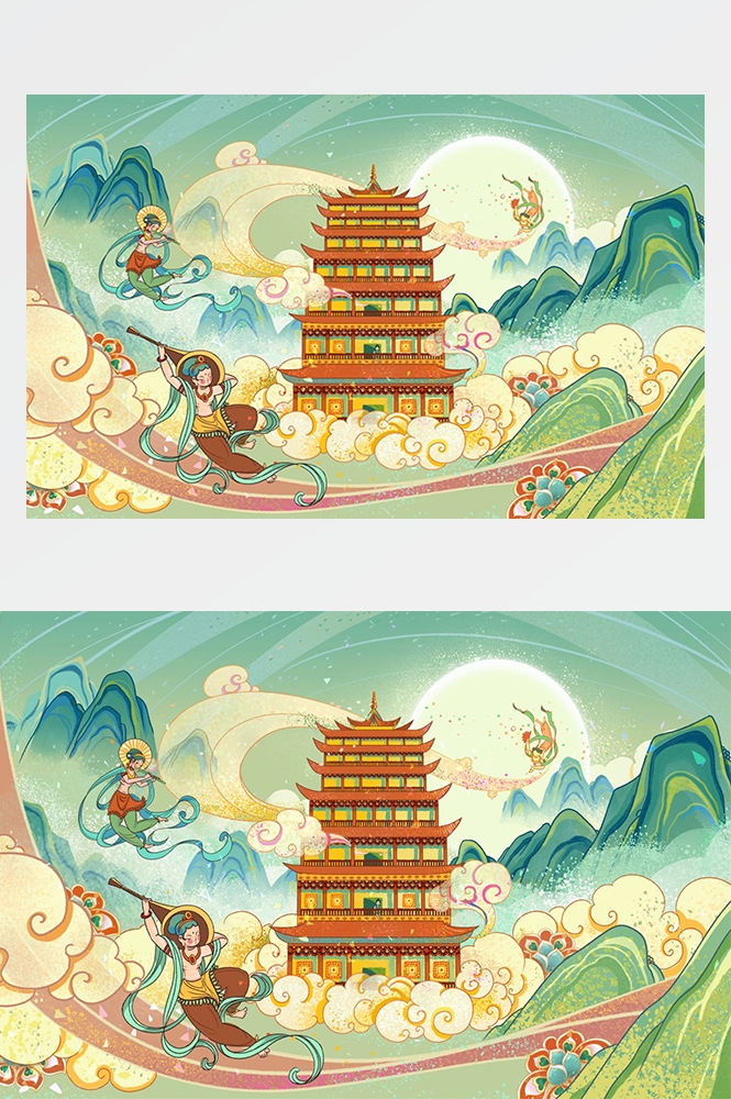中国风国潮唯美山水风景祥云海报背景PS高清分层插画素材模板 (28)