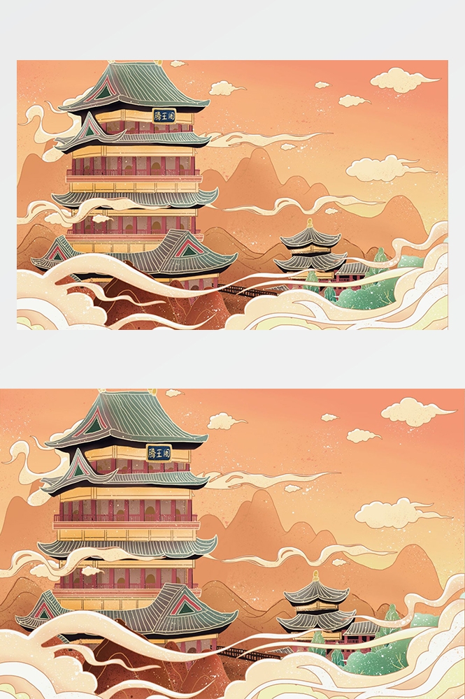 国潮唯美山水风景中国风插画海报元素背景PSD高清分层源文件素材 (10)