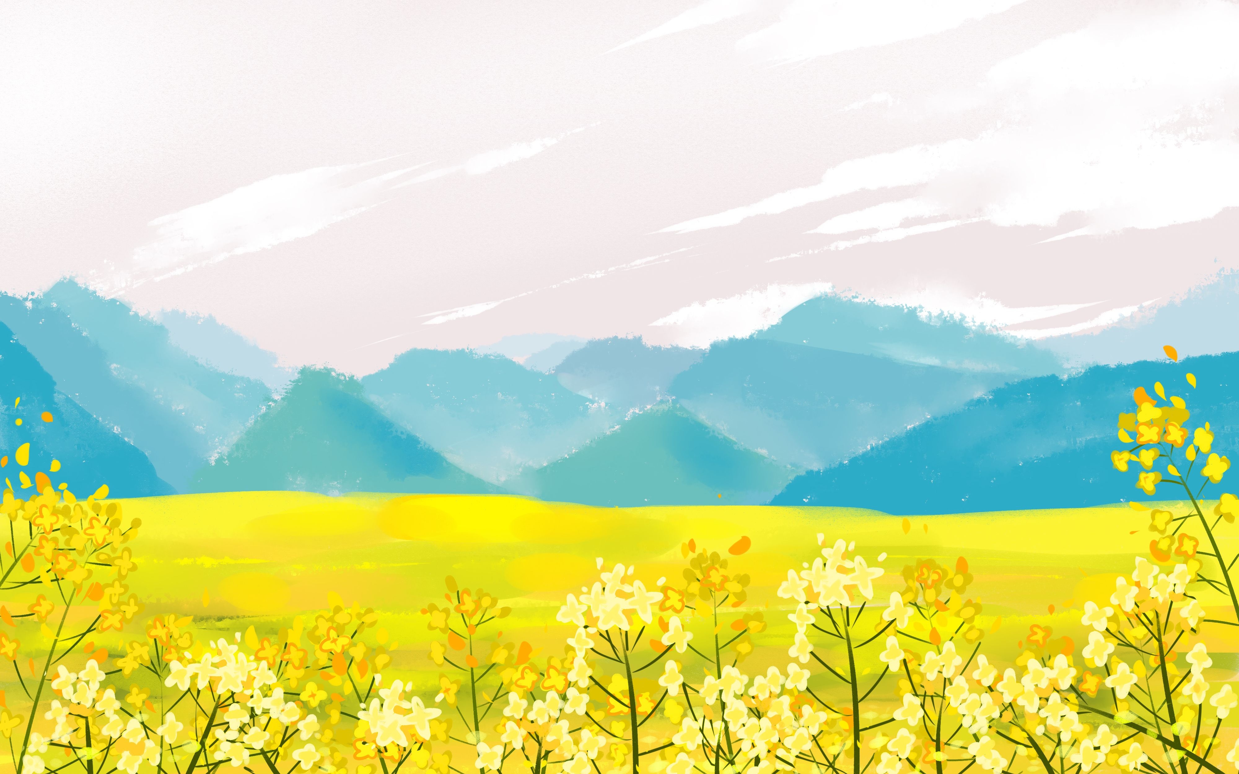 油菜花开田野风景背景插画图片banner海报6