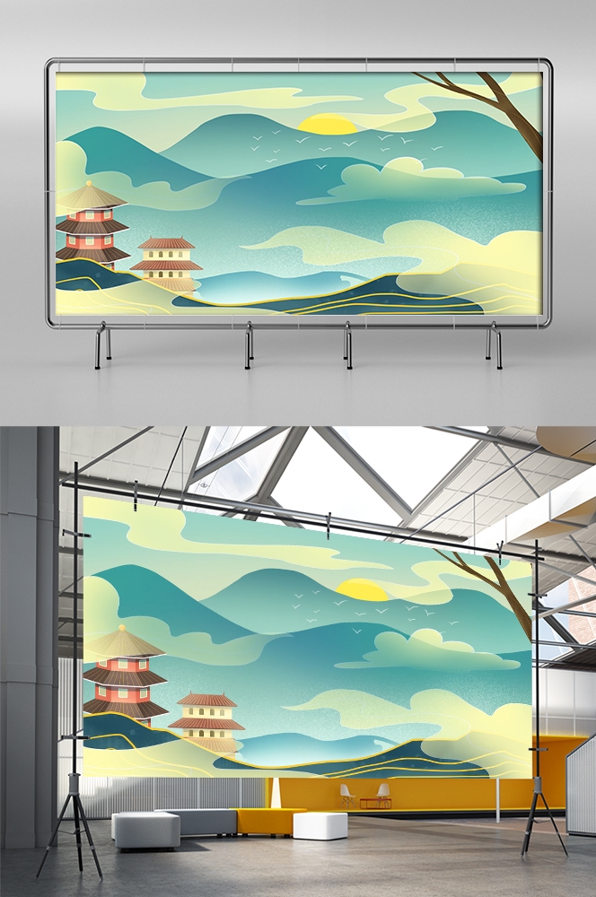 国潮山水中国风背景图展板插画素材4
