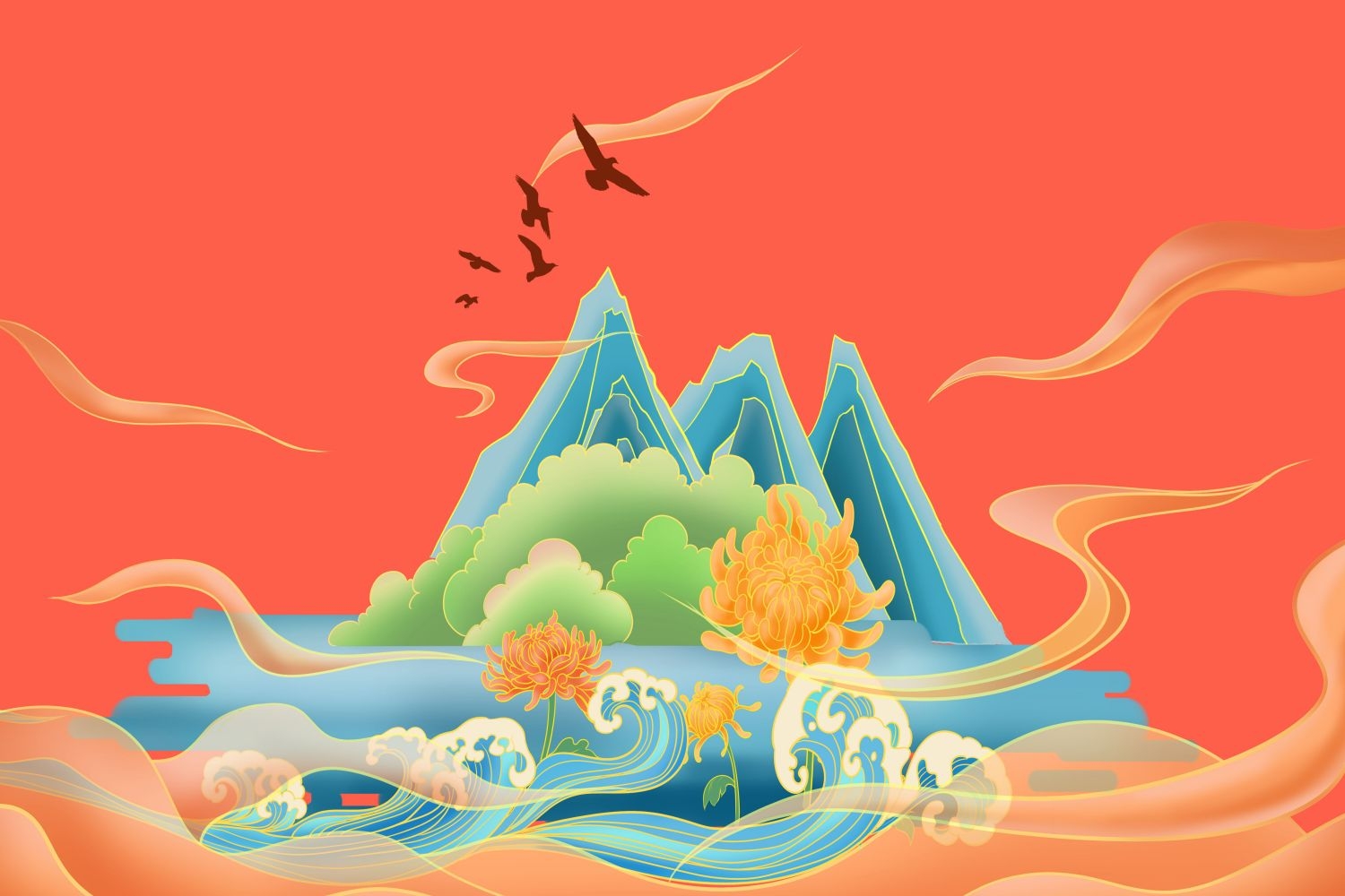 中国风国潮唯美传统山水风景插画海报祥云元素背景PS高清素材 (16)