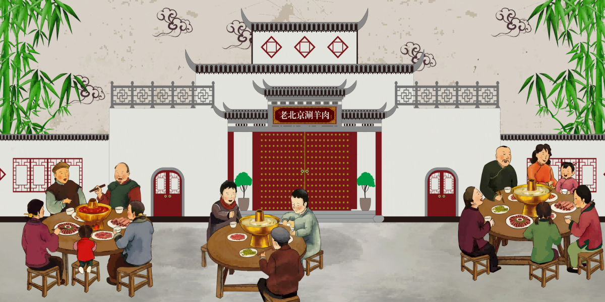 饭店老北京铜火锅复古壁画背景文化墙绘素材6