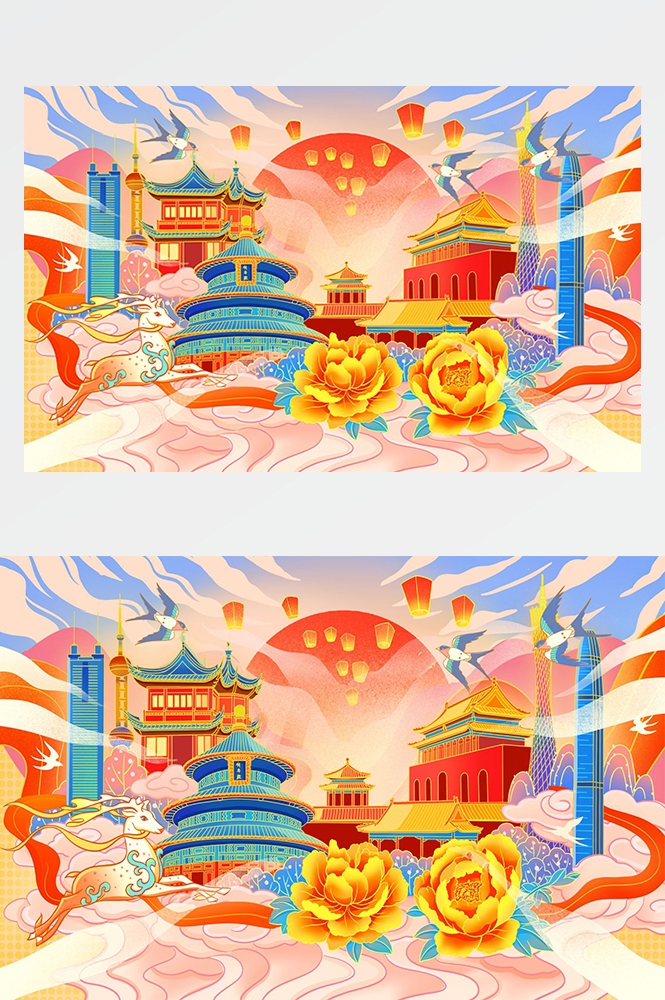 国潮唯美山水风景中国风插画海报元素背景PSD高清分层源文件素材