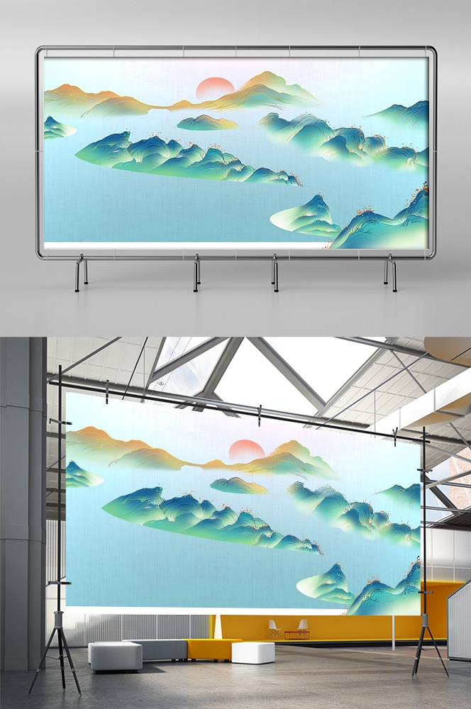 国潮山水中国风背景图展板插画素材28
