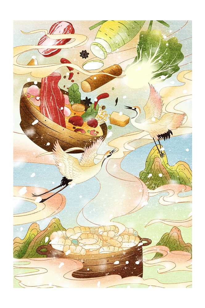 手绘国潮国风美食四川麻辣烫火锅餐饮辣椒祥云插画 (22)