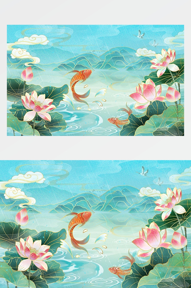 中国风国潮唯美山水风景祥云海报背景PS高清分层插画素材模板
