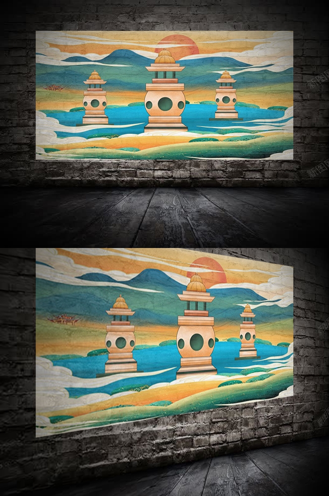 中国风国潮唯美山水风景祥云海报背景高清分层插画素材模板  (2)