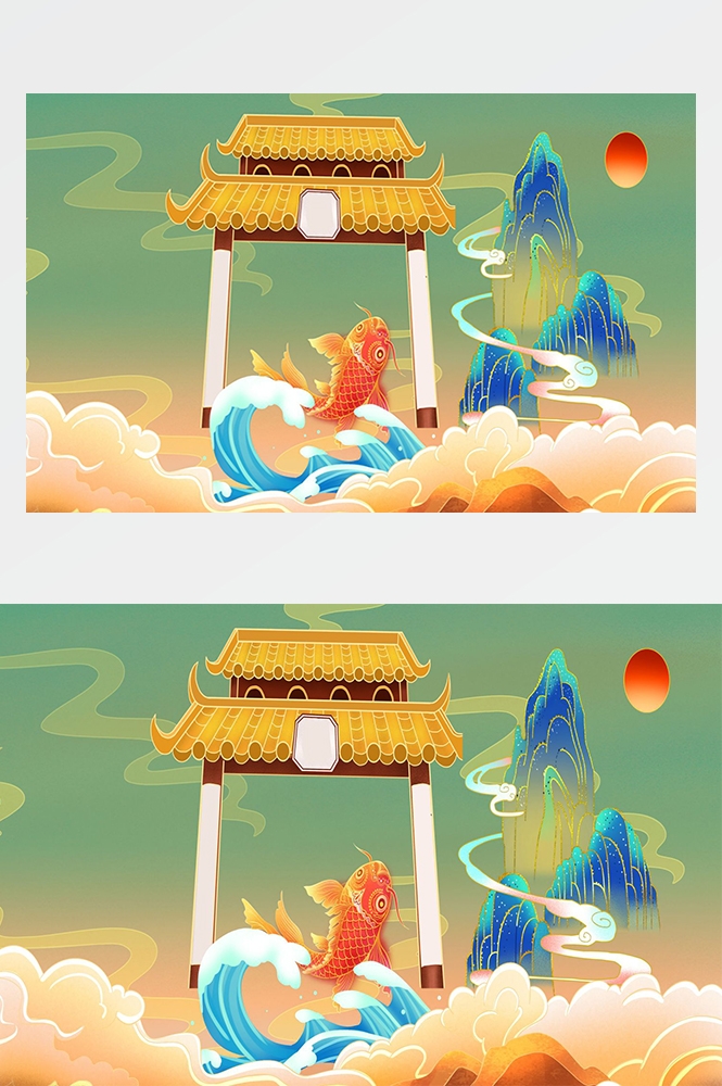 国潮唯美山水风景中国风插画海报元素背景PSD高清分层源文件素材