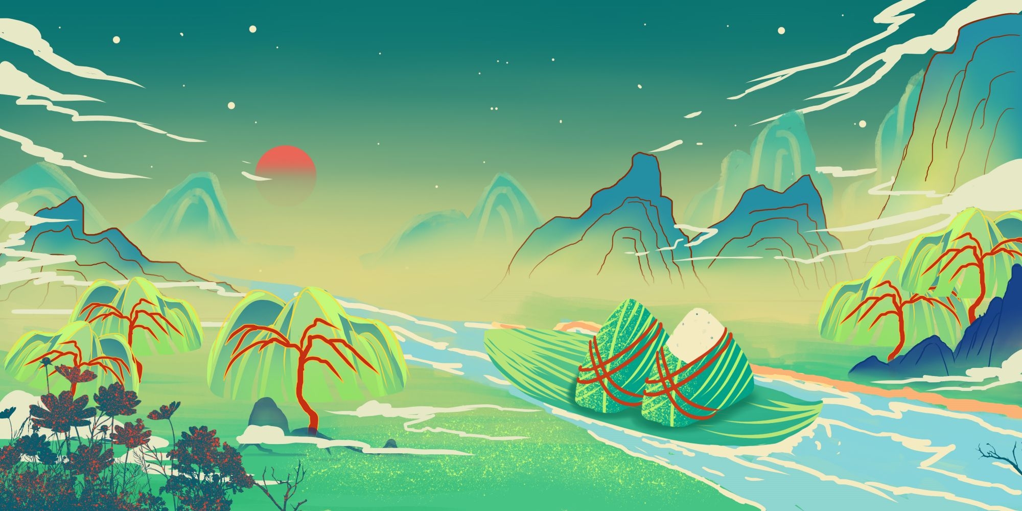 国潮山水中国风背景图展板插画素材25