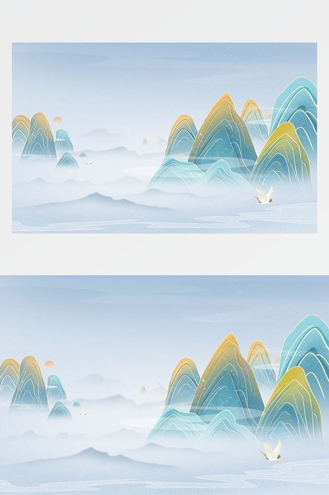 中国风国潮唯美山水风景祥云海报背景PS高清分层插画素材模板 (30)