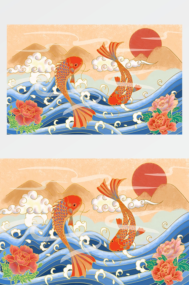 中国传统国潮锦鲤鱼跃龙门图案山水插画高清背景海报素材元素