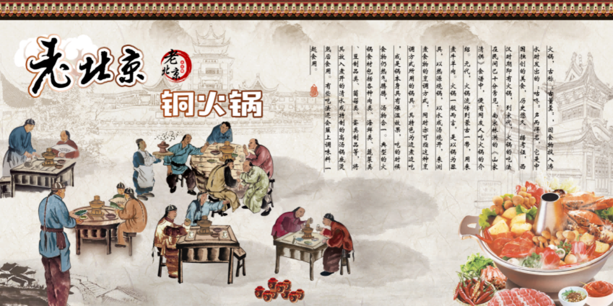 饭店老北京铜火锅复古壁画背景文化墙绘素材17