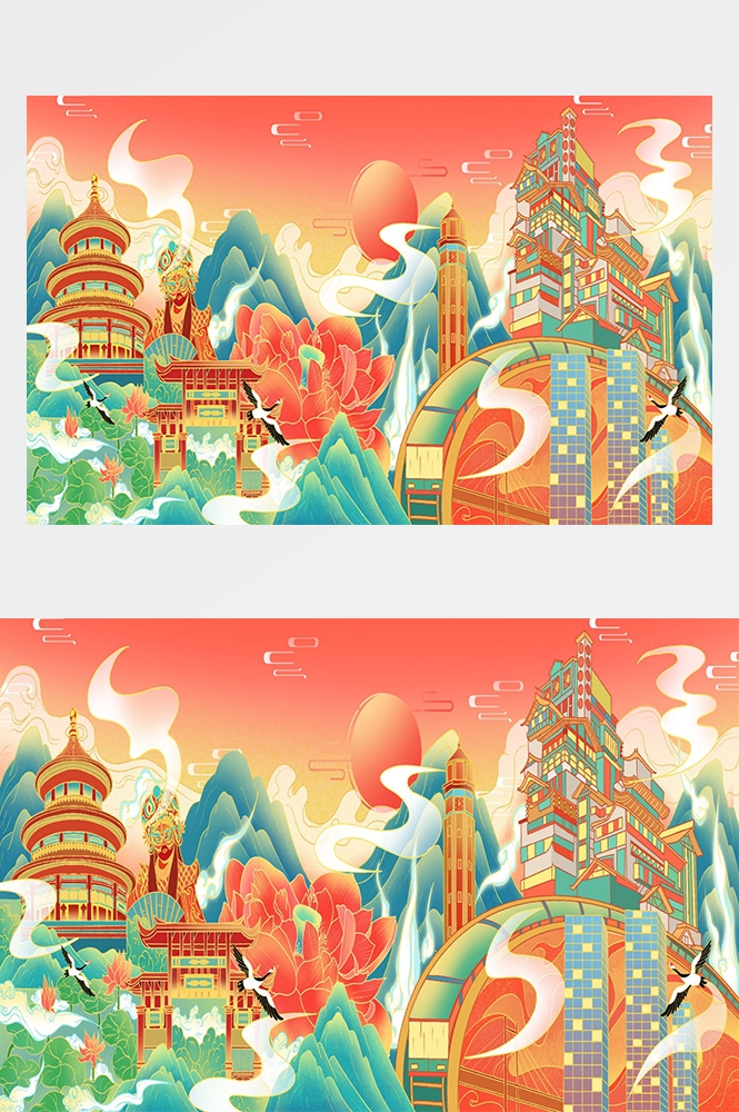 国潮唯美山水风景中国风插画海报元素背景PSD高清分层源文件素材