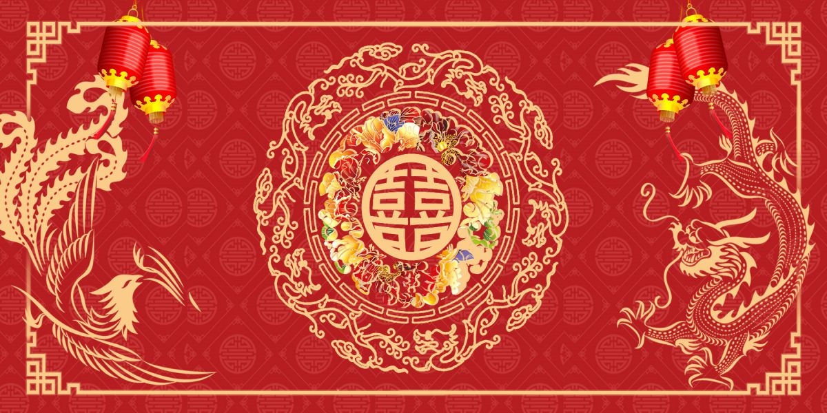 中式红色喜庆婚礼婚庆海报背景百年好合喜字结婚背景 (5)