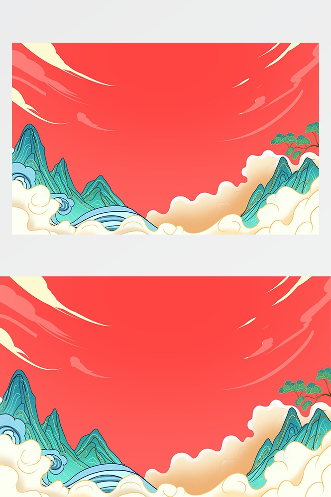 中国风国潮唯美传统山水风景插画海报祥云元素背景PS高清素材