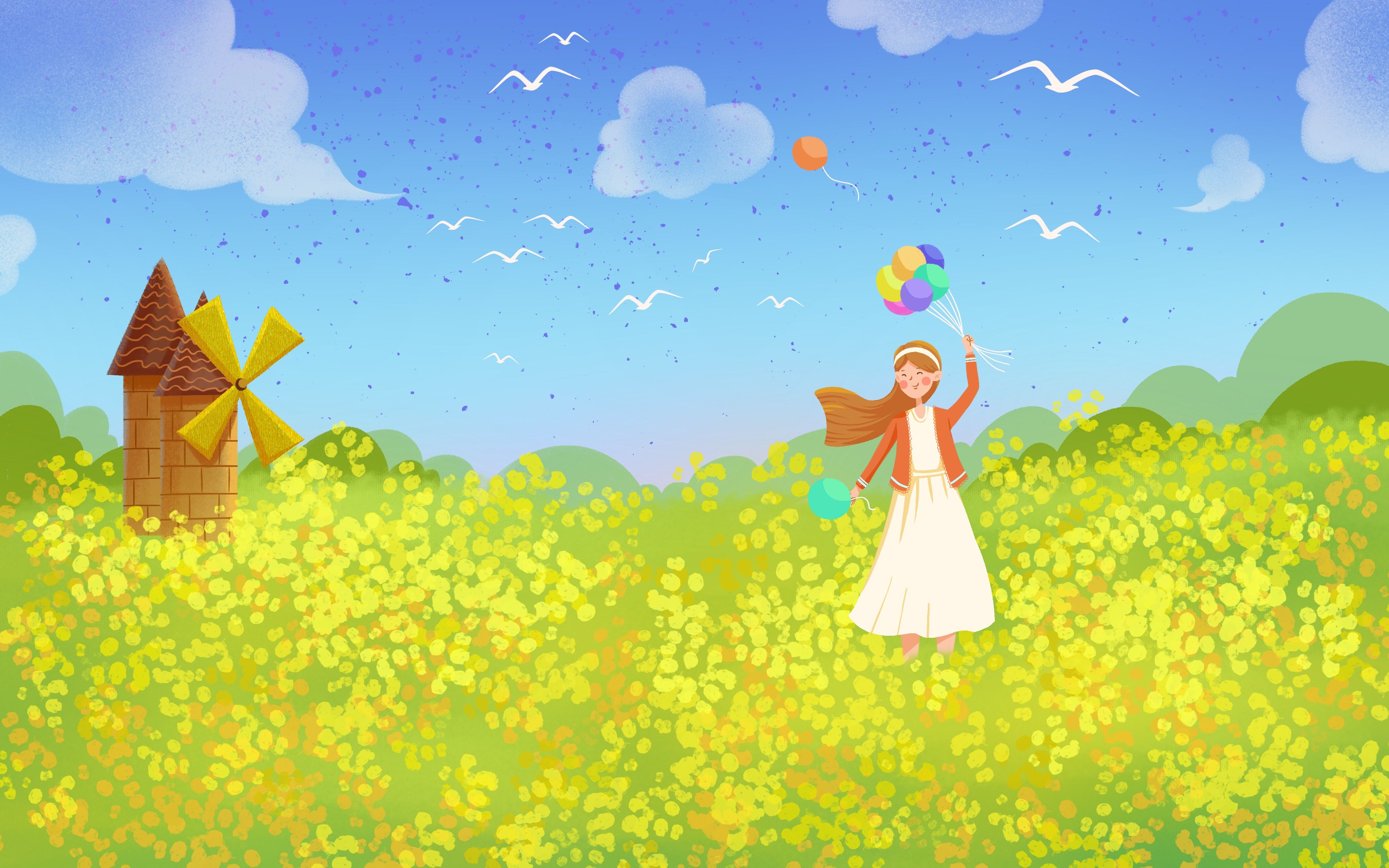 油菜花开田野风景背景插画图片banner海报33