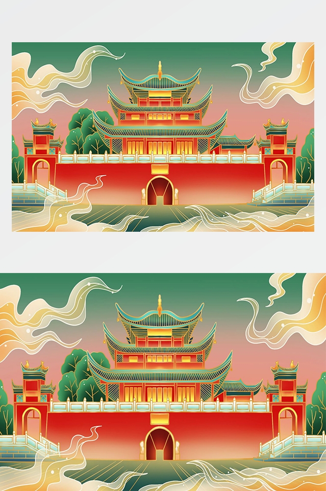国潮唯美山水风景中国风插画海报元素背景PSD高清分层源文件素材