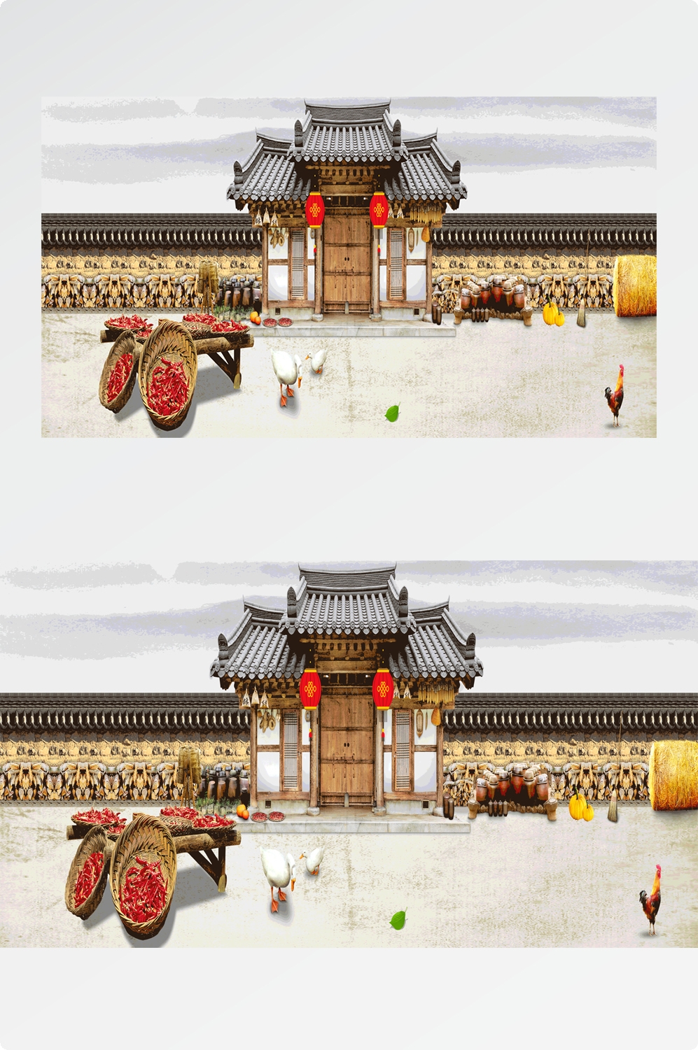 东北农家小院茅草屋饭店装饰画壁画背景墙
