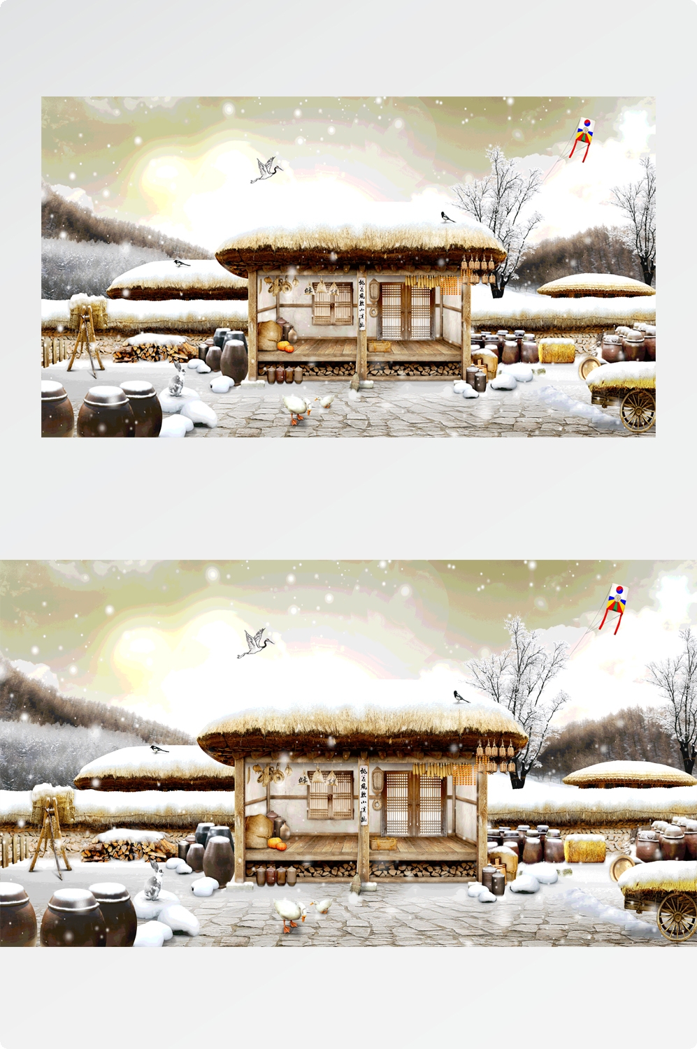 东北农家小院茅草屋饭店装饰画壁画背景墙