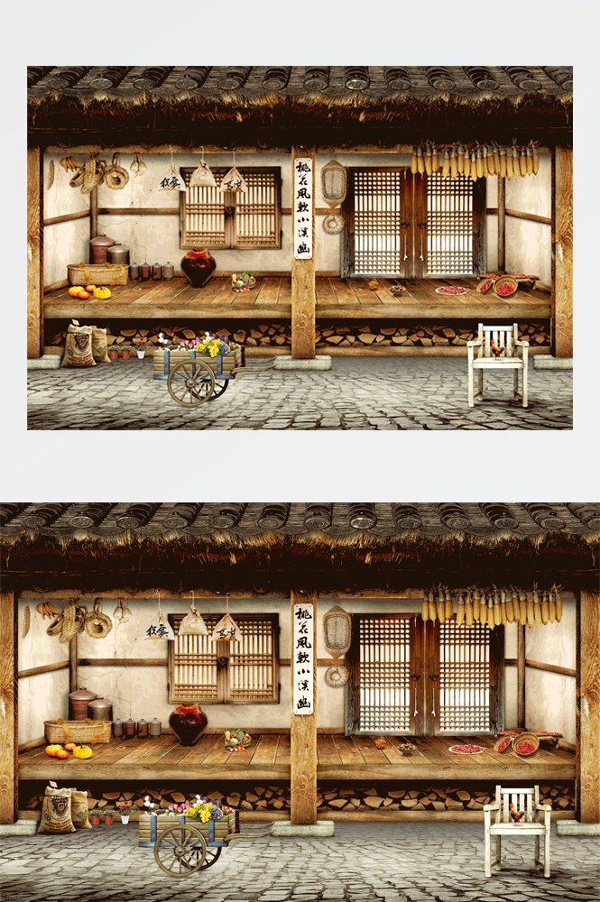 东北农家小院茅草屋饭店装饰画壁画背景墙 (17)