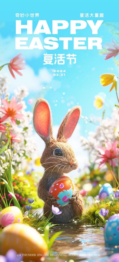 西方传统节日复活节彩蛋兔子卡通插画企业宣传海报 (53)