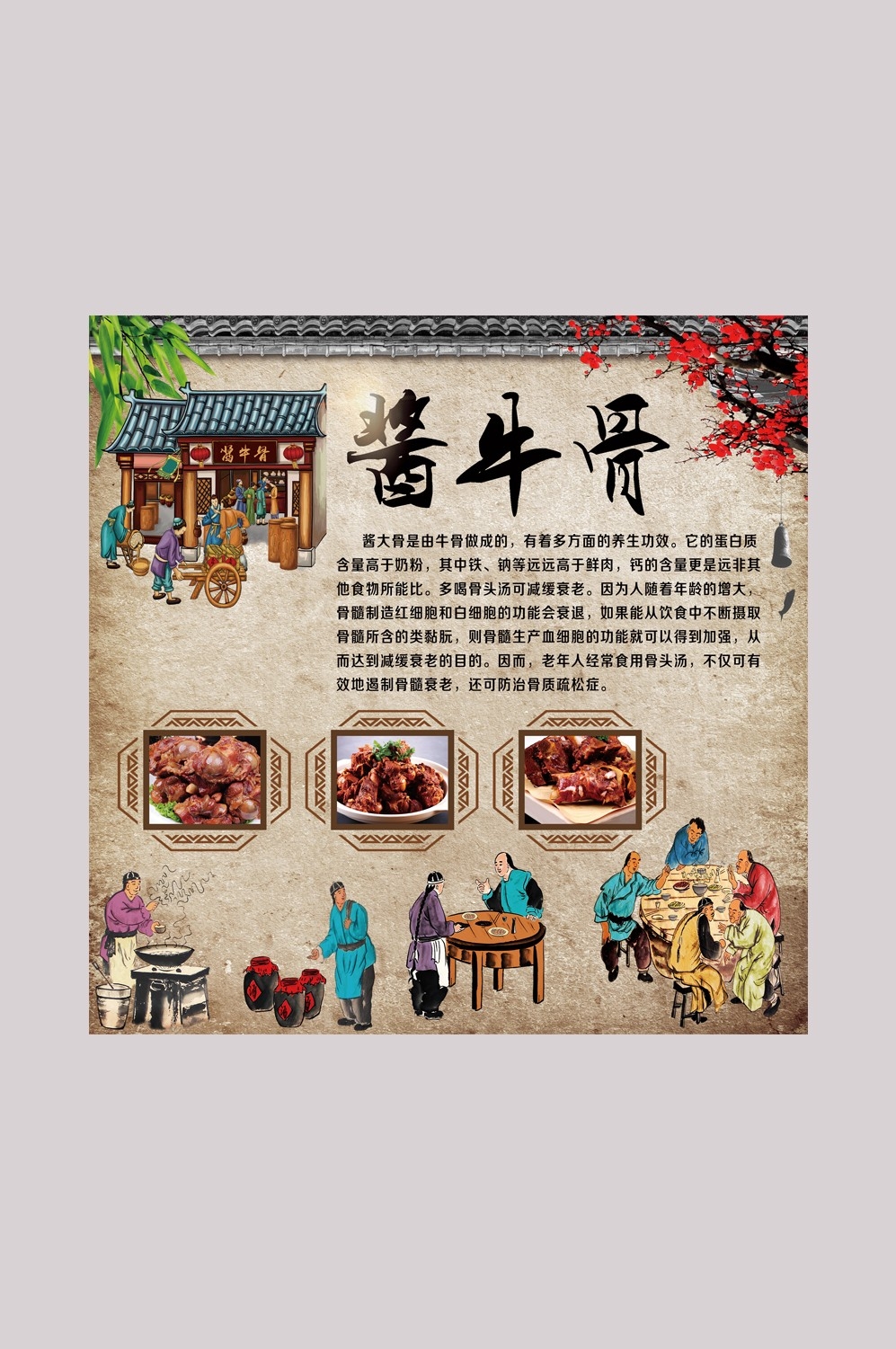 饭店餐饮复古美食酱大骨壁画海报背景墙纸模板