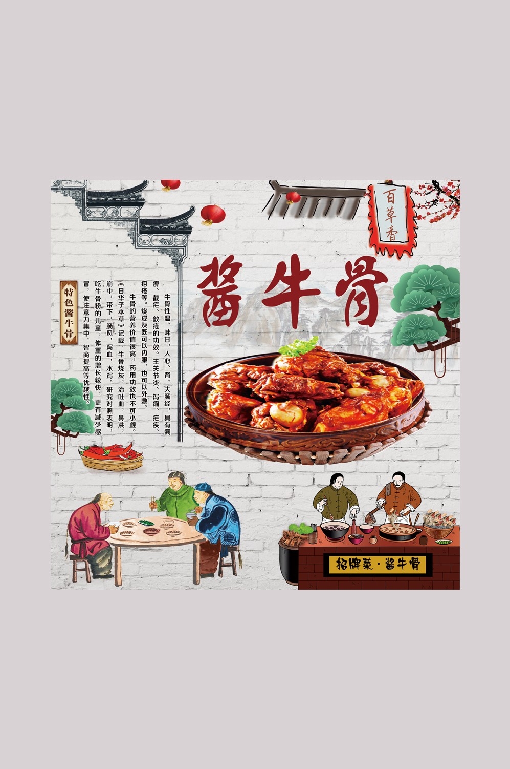 饭店餐饮复古美食酱大骨壁画海报背景墙纸模板