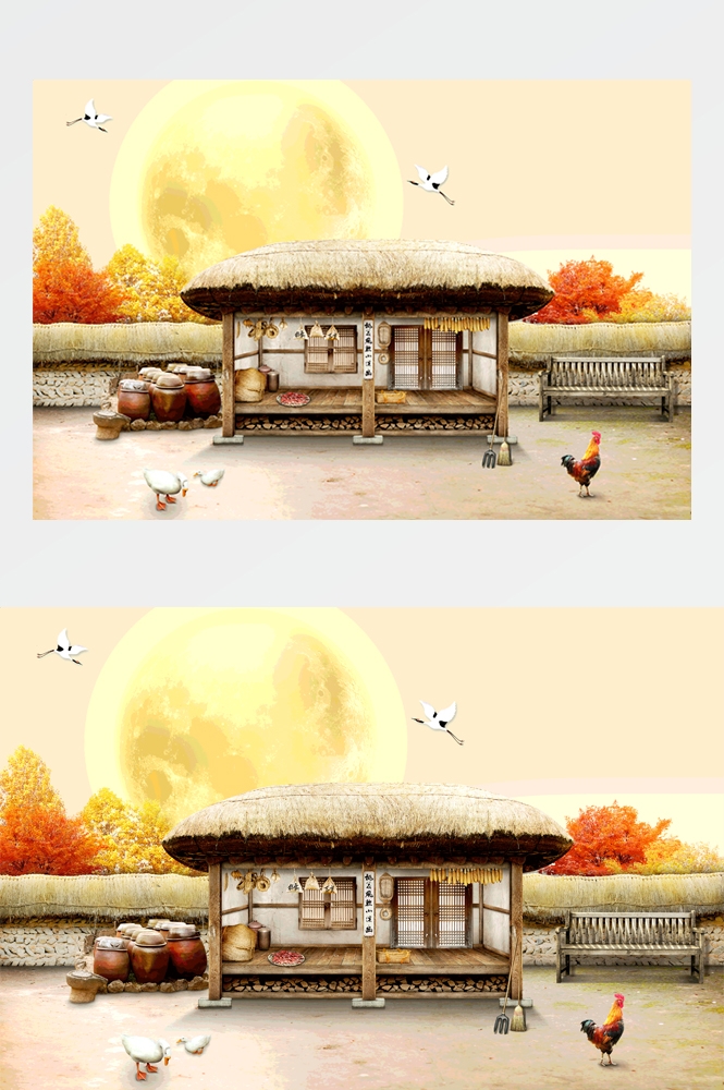 东北农家小院茅草屋饭店装饰画壁画背景墙
