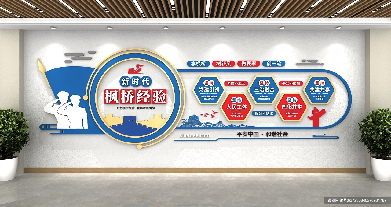 蓝色新时代枫桥经验公安标语警营党建文化墙
