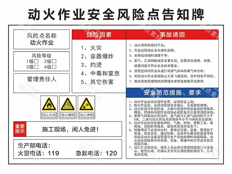 动火作业安全风险点告知牌展板海报安全生产警示牌图片素材