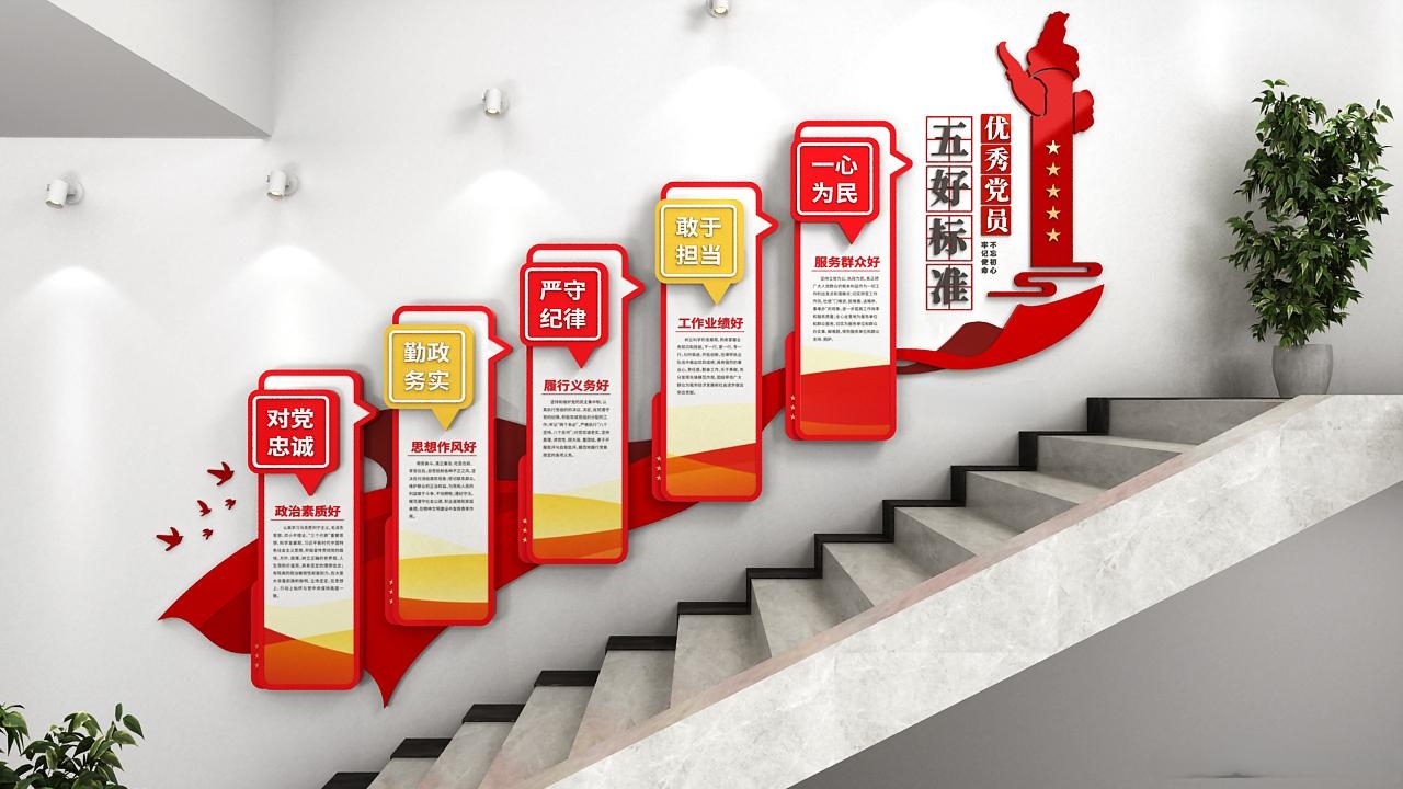 红色绸带优秀党员五好标准党建楼梯文化墙