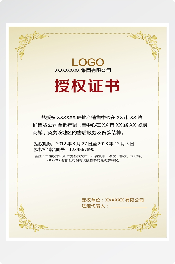 竖版商业代理授权书荣誉毕业聘证书奖状psd分层模板设计素材