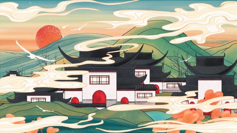 国潮风城市印象插画地标建筑宣传海报展板 (27)
