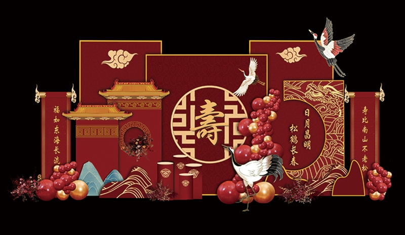 红色古典寿宴场景布置美陈素材老人长辈生日寿辰背景7