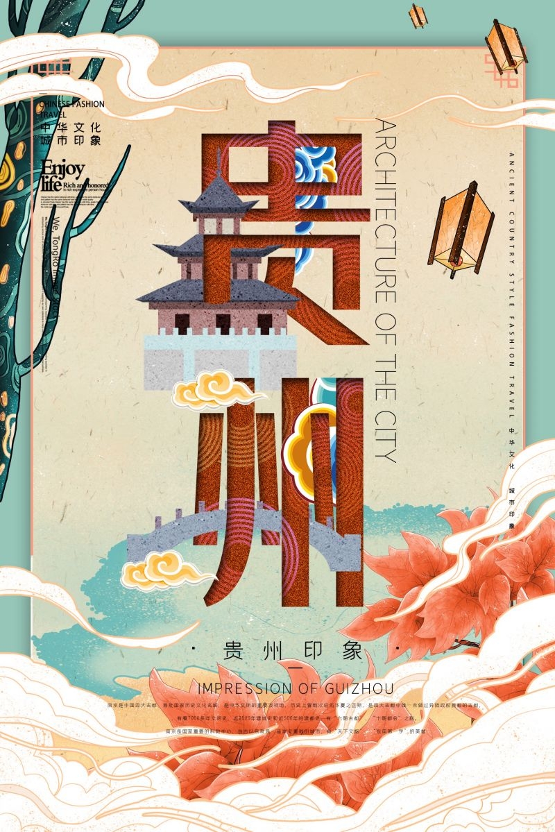 国潮风城市印象插画地标建筑宣传海报展板