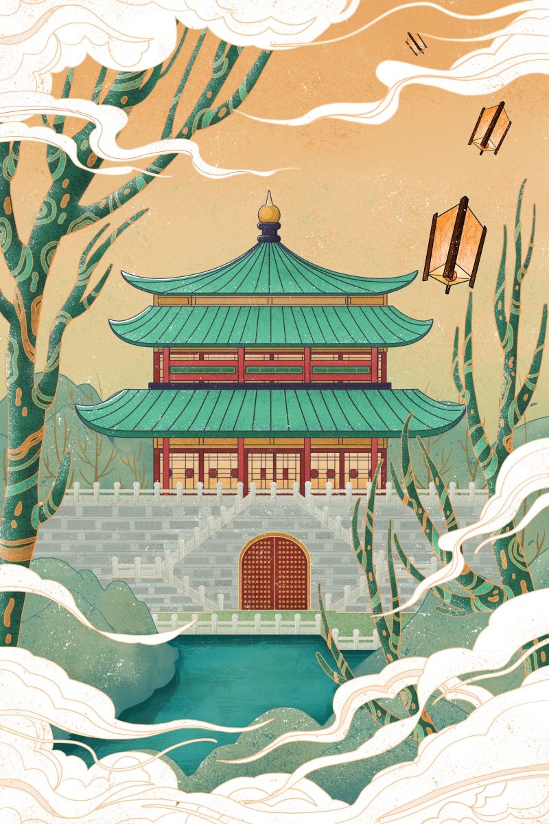 国潮风城市印象插画地标建筑宣传海报展板 (7)