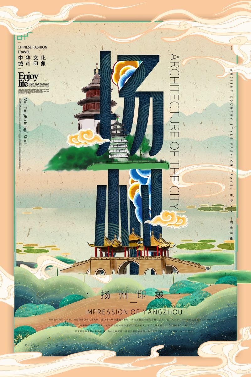 国潮风城市印象插画地标建筑宣传海报展板