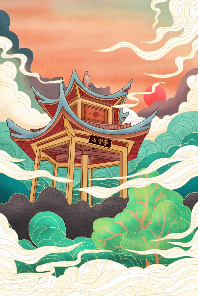 国潮风城市印象插画地标建筑宣传海报展板 (23)