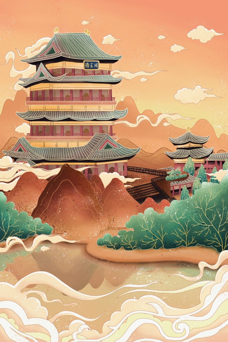 国潮风城市印象插画地标建筑宣传海报展板 (6)