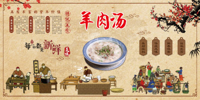 复古羊肉汤馆装饰画壁画展板海报