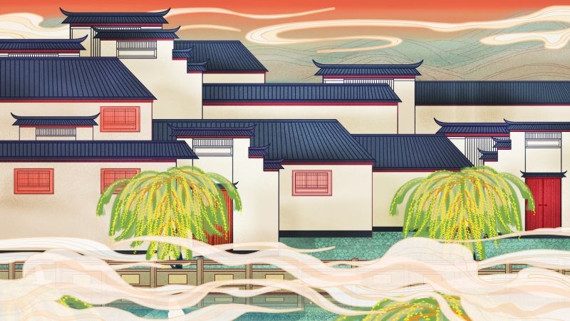 国潮风城市印象插画地标建筑宣传海报展板 (22)