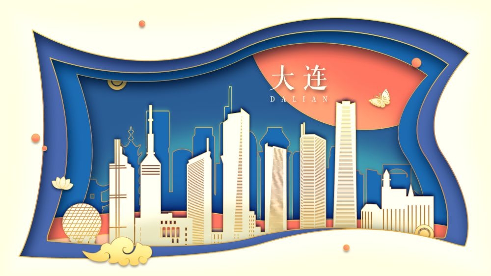 大连城市建筑剪影插画线稿平面海报素材